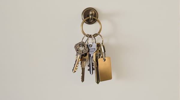 Five different keys on one brass ring, hanging from a hook on a plain wall in morning light
