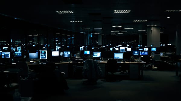 An empty open-plan office at night with the monitors still glowing