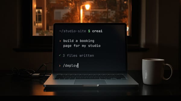 A laptop at night running Creai Code: ~/studio-site $ creai, then 'build a booking page for my studio', 3 files written, and /deploy