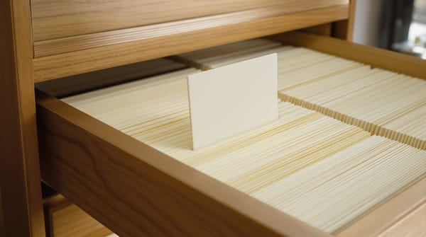 An open card-catalogue drawer of neatly filed index cards, with one card standing up