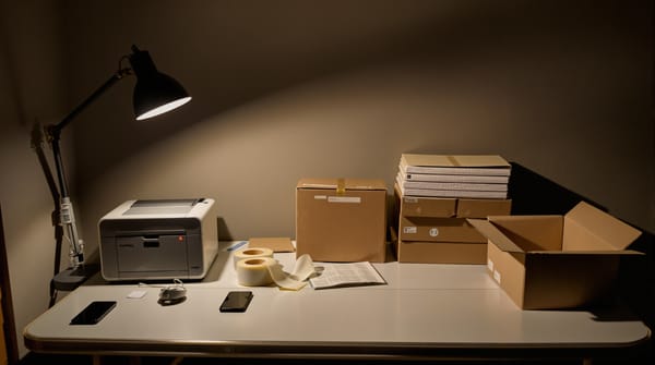A packing table at night with a label printer, tape and one empty open box