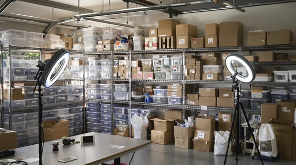 A garage stockroom with shelves of bins and boxes, ring lights and a packing table