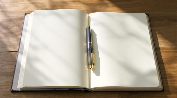 A new notebook open to its first blank page with a fountain pen, in morning sunlight