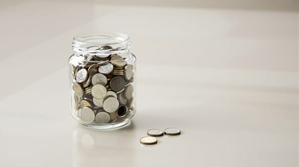 A glass jar of coins, with a few coins lying on the table beside it